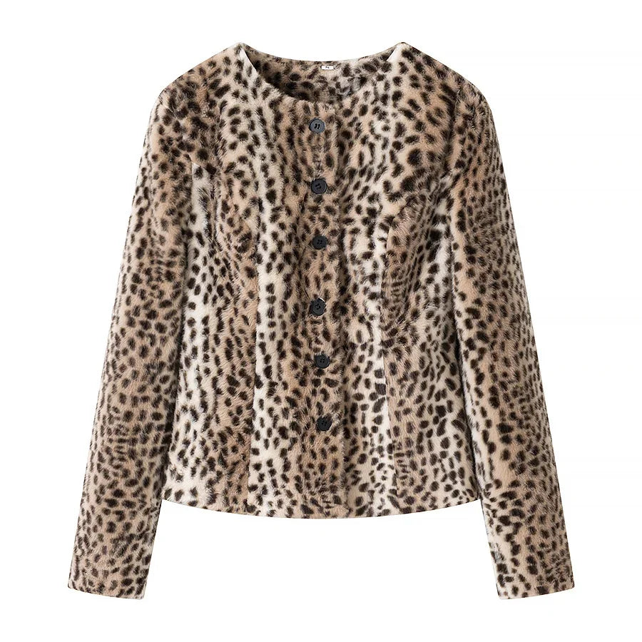 Casaco Curto de Pelo Sintético com Estampado Leopardo